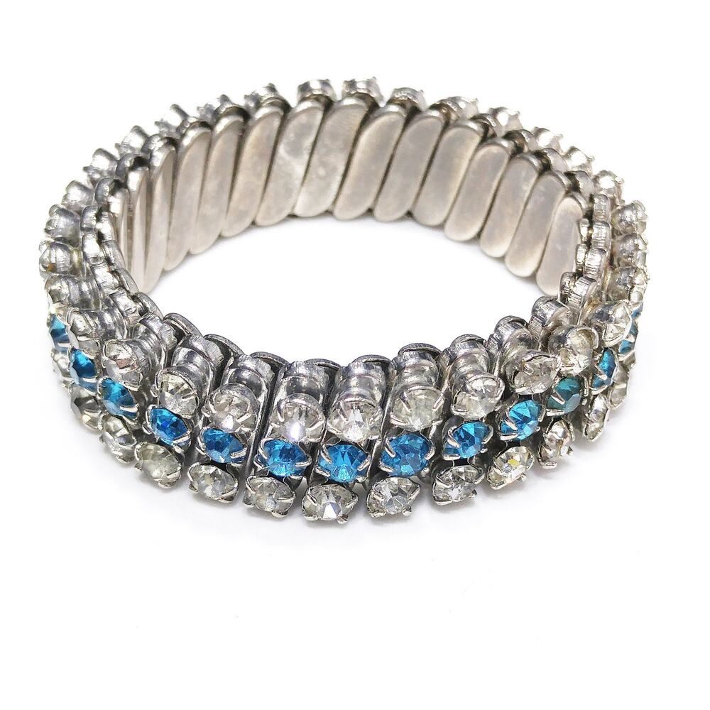 Vintage Rhinestone Expansion Bracelet, Clear & Turquoise, 1950s